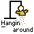 Animated sequence showing a small figure hanging from a hook, with falling particles and changing pose across frames.
