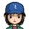 Pixel art character with blue cap, green jacket, and purple shirt transitions through multiple expressions and transformations including red symbols, dark demonic forms, and a red star shape.