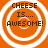 Four identical orange circular icons with white concentric rings and black text reading "CHEESE IS... AWESOME!" arranged in a