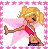 Pixel art icon of a blonde cheerleader in red and white outfit with pink star border, static single frame.