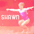 A pixelated image of a gymnast in mid-air with arms extended, wearing a pink and white leotard against a red background with the text "SHAWN".