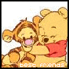 Two cartoon characters embrace; one wears a red shirt, the other has orange stripes. Text below reads 'best friends' in pixelated letters.