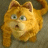 Pixelated orange cat with wide green eyes, small dark nose, and open mouth against muted brown background.