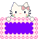 Pixelated white cat with pink bow, black whiskers, and green cheeks holding a purple rectangular frame bordered by pink hearts on gray background.