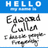 Blue header with 'HELLO my name is' text, handwritten-style names and phrases below on white background, gray in bottom-right corner