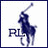 Blue polo player on horseback with raised mallet, standing next to partial 'RL' text in a square frame.