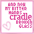 Six square display identical text and heart symbols with varying color schemes across the word 'cradle' in a