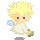 Pixelated character with spiky blonde hair, dark square eyes, pink cheeks, white dress, blue wing, and brown shoes on gray background.