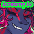 Pixelated character with dark blue skin, red hair, and white teeth smiling under green text reading 'ScreamyJo' on a colorful background.