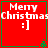 Red square with green border displays 'Merry Christmas :]' text and small green tree, showing animation where the tree changes position.