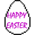 Pixelated Easter egg animation showing text variations and hatching stages with yellow chick emerging from cracked shell.