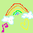 Pixelated rainbow, cloud, heart, and music note icons on light green background with animated color changes.
