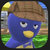 Blue cartoon bird with yellow beak and white eyes stands on green grass under brown wooden structure with yellow and blue accents.