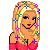 Pixelated character with blonde hair adorned by multicolored star-like decorations, wearing pink crop top and blue jeans with silver belt buckle.