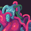 Pixelated abstract composition of intertwined organic shapes in cyan, magenta, green, and purple against a dark background.