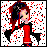 Pixel art of a red-haired girl in gothic attire with black and red clothing, standing against a white background with scattered dots.