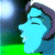 Pixelated static icon of a blue cartoon character with dark hair against a gradient background and green foreground strip.