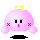 Pixelated pink character with yellow bow, black eyes, and red X cheeks in four poses showing arm positions changing from extended to clasped.