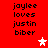 Red background with black text reading "jaylee loves justin biber" repeated twice, two white stars and one pink star in the center.
