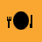 A 4x4 contact sheet of a static animated icon featuring black fork, plate, and knife silhouettes on an orange background with repeated "Let's dine out" text in pixelated font.