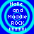 Blue background with four identical circular cyan rings containing white text 'Halle and Maddie ROCK' and exclamation marks.