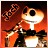 Pixelated static image of a character with large black eyes, orange fur, and white chest against dark red background.