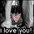 Pixelated image of a person with dark hair holding a pink heart-shaped object, text below reads 'I love you!' in white block letters.