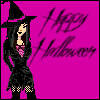 Pixelated witch icon with black hat and dress, pink top, and checkered stockings against bright pink background with 'Happy Halloween' text.