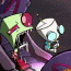 Animated sequence of two cartoon characters: a green robot with red accents and a white cylindrical character with blue eyes, positioned against a dark purple background.
