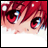 A split-screen buddy icon with an anime-style character face on the left and pixelated text on a black background on the right, displayed as a static contact sheet frame.