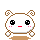 Pixel art character with brown spiral ears and limbs, white face, black eyes, red mouth, pink cheeks; two expressions shown side-by-side.