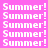 repeated 'Summer!' text in white pixelated font on a bright pink background, with yellow horizontal bars highlighting specific