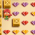 Pixelated character with red hair and green eyes stands beside golden book-like objects and heart-shaped icons in a grid layout.