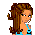 Pixel art contact sheet showing a bikini-clad female character with brown hair and blue swimwear, surrounded by summer-themed text phrases on a white background.