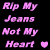 Pixelated pink text on black background with small heart symbols, displaying 'Rip My Jeans Not My Heart' repeated in two