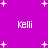 Purple background with white plus signs and four instances of the text 'Kelli' in pixelated font.