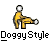 Pixelated animated contact sheet showing two frames of a yellow stick figure in doggy-style pose with white circular head and foot, below which is pixelated text reading "Doggystyle Doggystyle" on gray background.