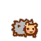 Pixelated brown hedgehog with pink cheeks and yellow eyes, shown in multiple poses including curled up, standing upright, and surrounded by motion lines.