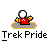 Animated contact sheet showing a pixel art character in red clothing on a gray background, with sequential frames depicting an explosion effect and text "Trek Pride" below each frame.