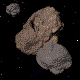 identical space rock formations against a black starry background, each with brown and gray textures