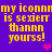 Yellow pixelated text on purple background repeats 'my iconnmy iconn is sexier thannn yours!' with pink hearts, arranged in four identical quadrants.
