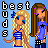Pixel art buddy icon featuring two cartoon girls with long hair, blue tops, and a vertical "best buds" text on the left against a light blue background.