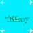 A static image with a bright cyan background featuring four instances of the word "Tiffany" in green pixelated text arranged in two , surrounded by white plus-shaped stars and small dots