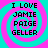 Four identical display 'I LOVE JAMIE PAIGE GELLER' text over cyan and magenta spiral backgrounds with pixelated font