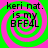 Four identical display text over a green and pink spiral background with visible pixelation