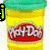 Four Play-Doh containers with green caps and yellow bodies, each featuring distinct text overlays in bright green pixelated font.