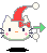 Pixelated white cat face with red bow, red hat, pink cheeks, orange nose, dark blue eyes, green whiskers, and green arrow prop on gray background.