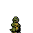 Pixelated green dinosaur-like creature with blue eyes, brown mouth details, and yellow underbelly stands against solid gray background.