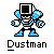 Pixel art character with blue and black body, white chest stripe, and square head device on gray background.