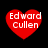 Four red heart-shaped icons with white text "Edward Cullen" on black background, each displaying distinct pixelation and blurring variations.